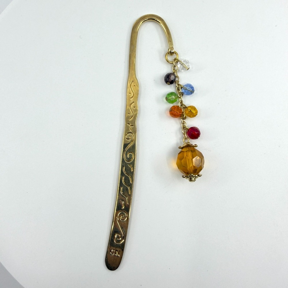 CN Gold Tone Bookmark Metal Filigree Scroll Design Colorful Beaded Charm Gift